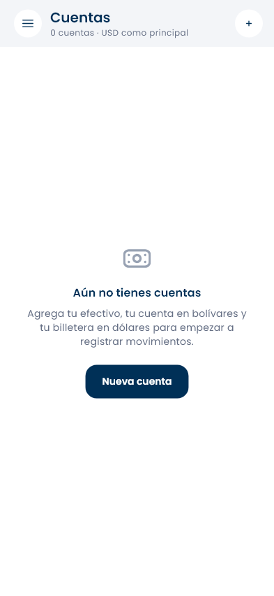 Pantalla de cuentas de BudVE recién instalada, ofreciendo crear la primera cuenta