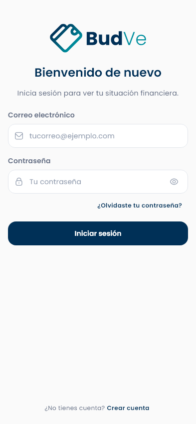 Pantalla de inicio de sesión de BudVE