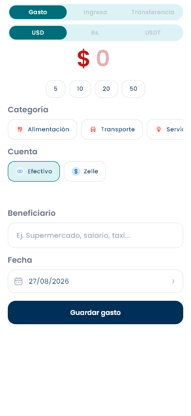 Registro rápido: tipo de movimiento, moneda, monto, montos rápidos, categoría, cuenta, beneficiario y fecha