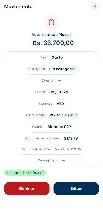 Detalle de un movimiento con la tasa usada, su fuente, el valor real en dólares y cuánto se ahorró